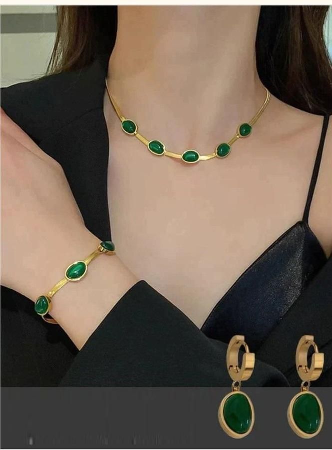 Oval Green Crystal Pendant Necklace Set With Bracelet - trendykraft